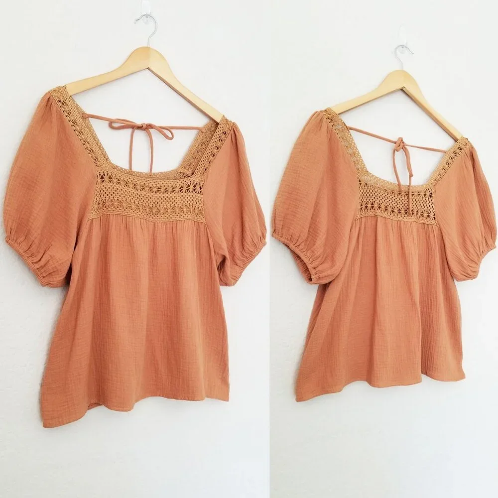 Bluivy Women's S Boho Crochet Lace Puff Sleeves Blouse Square Neck Camel Cotton - Picture 14 of 14